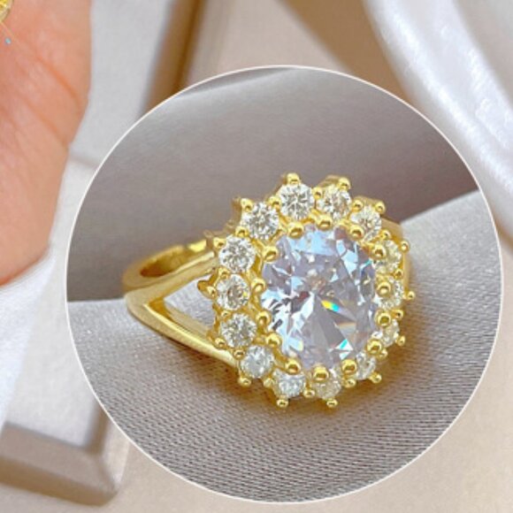 3/$35 Gold Plated Copper Adjustable Ring Clear Crystal Gemstone Diamond Cocktail - Picture 5 of 6